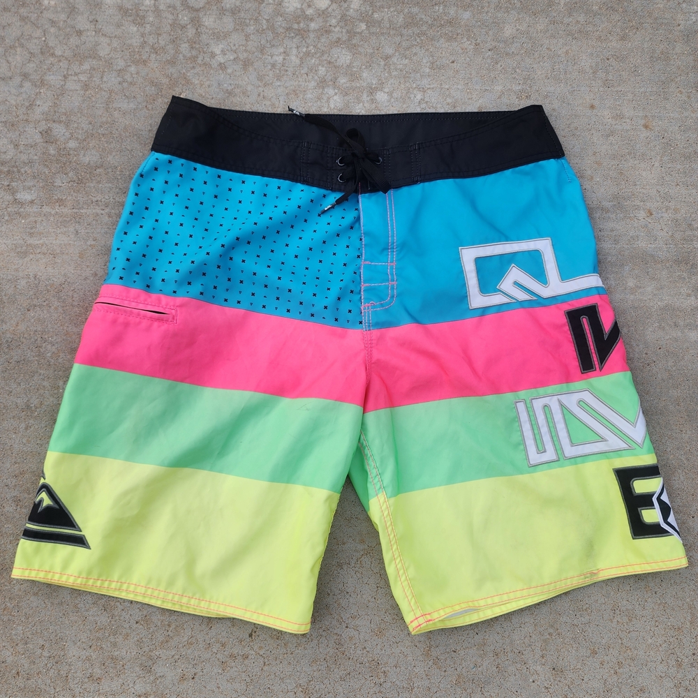 Quiksilver Vintage Neon Multicolor Stripe Surf Board‎ Shorts, Large Sz 36
